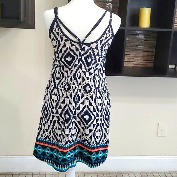 Zoe & Rose Boho Navy & White Lace Flowy Summer Festival Silky Shift Mini Dress - Picture 7 of 13